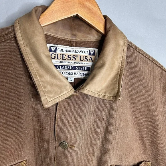 Vintage 90s Guess Workwear Jacket Mens L Brown Canvas Leather Collar Chore Coat - Picture 4 of 13